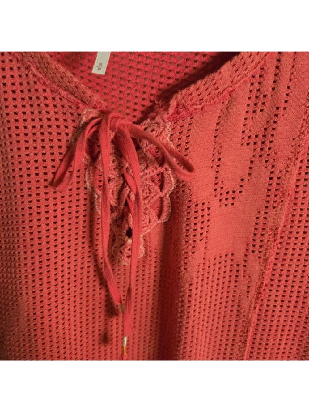 Free People Bohemian Crochet Shoulder Tie Neckline Faded Red Cotton Top Size S